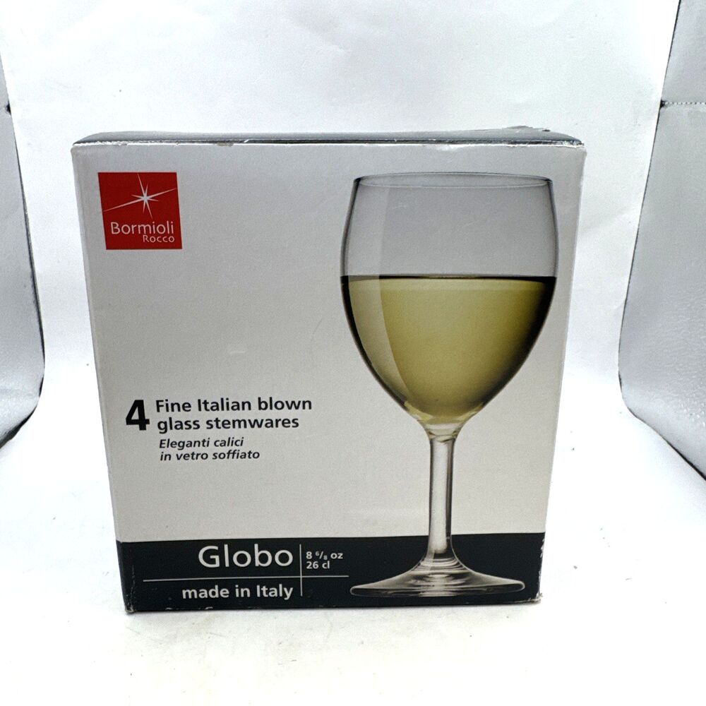 New in Box Bormioli Rocco Globo Set of 4 13.5 oz. Wine Glasses Italy